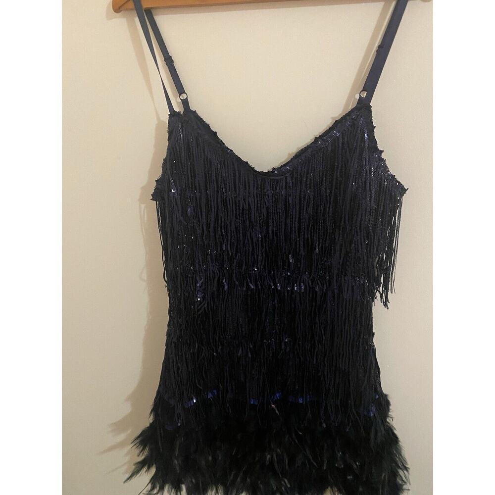 Navy‎ Blue Sequin Fringe Feather Mini Dress Party Cocktail Flapper Style - Picture 8 of 12